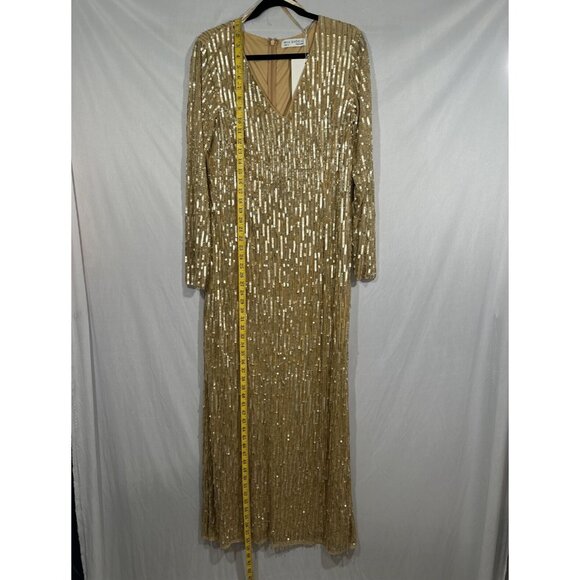 NWT $598 Mac Duggal [ 12 ] Sequined Long Sleeve V Neck Beaded Fringe Gown Gold‎ - Picture 6 of 15